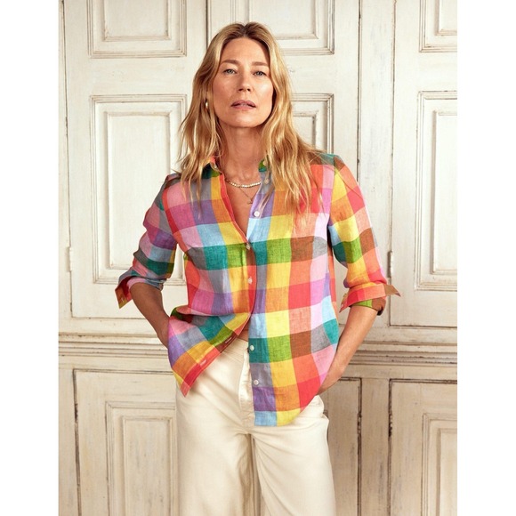 Boden Tops - NWT Boden Sienna Colorful Linen Checkered Button Up Shirt Spring Coastal Prep 2R